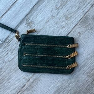 Rebecca Minkoff wristlet deep green with gold zipper detailing lightly pre loved